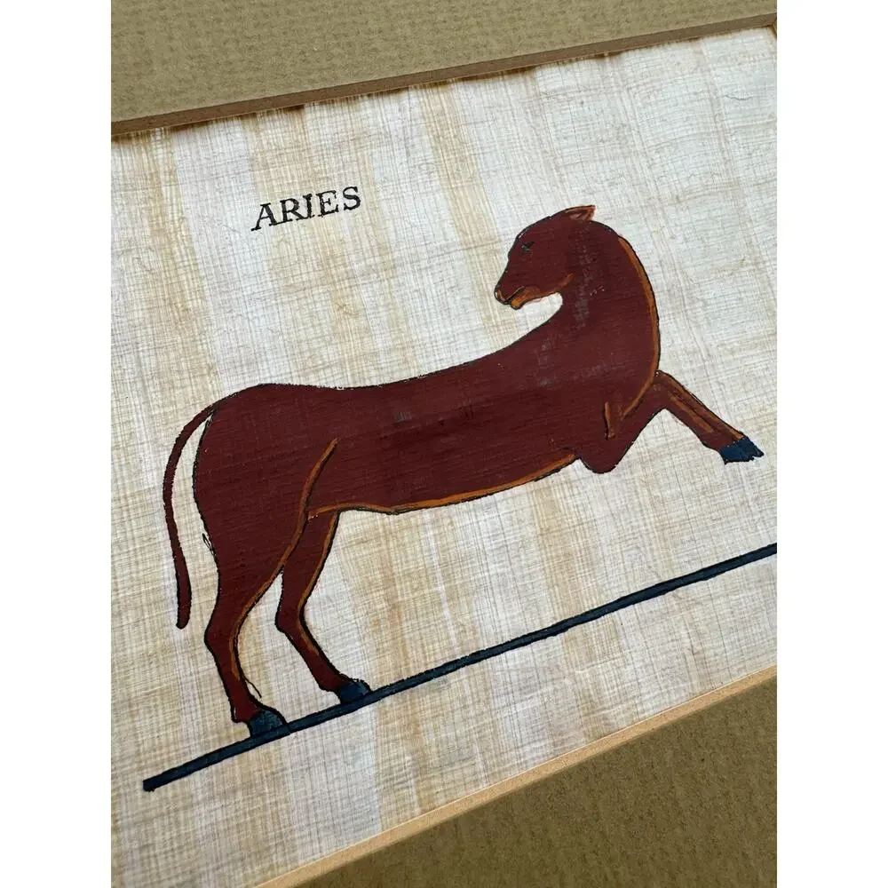 Vintage Egyptian Papyrus Painting Aries Ram Zodiac Hand Painted Art Matted 9x7.5